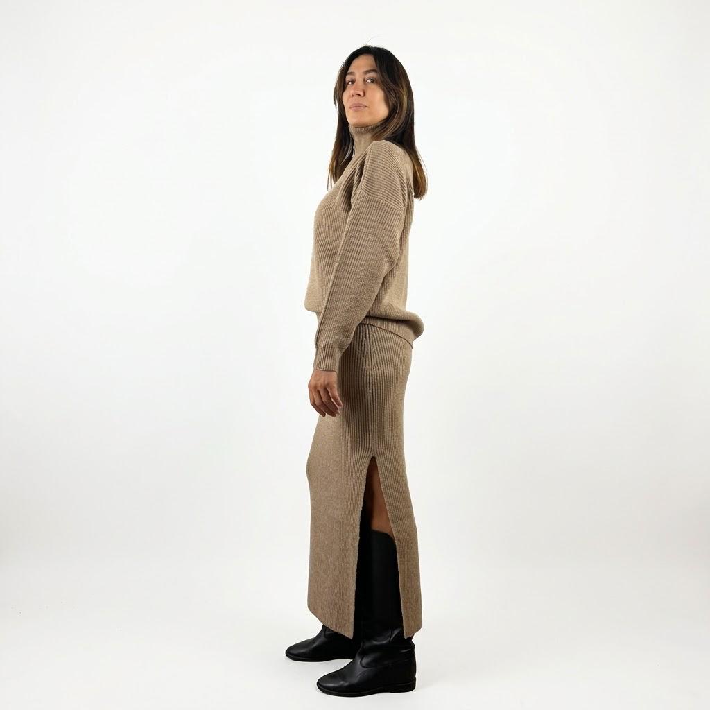 Maglia zip collo con lounguette spacco beige